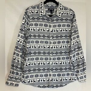Lands' End Nordic Print 100% Cotton Button Up Shirt Women's Size 12 Christmas